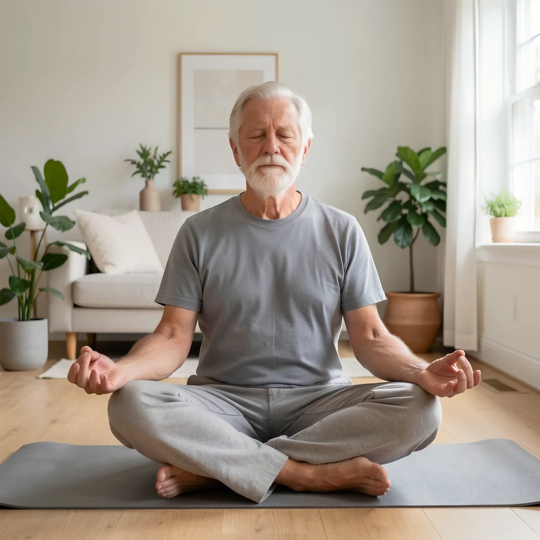 Step 4: Men over 60 man practicing mindfulness meditation for mental health and stress relief