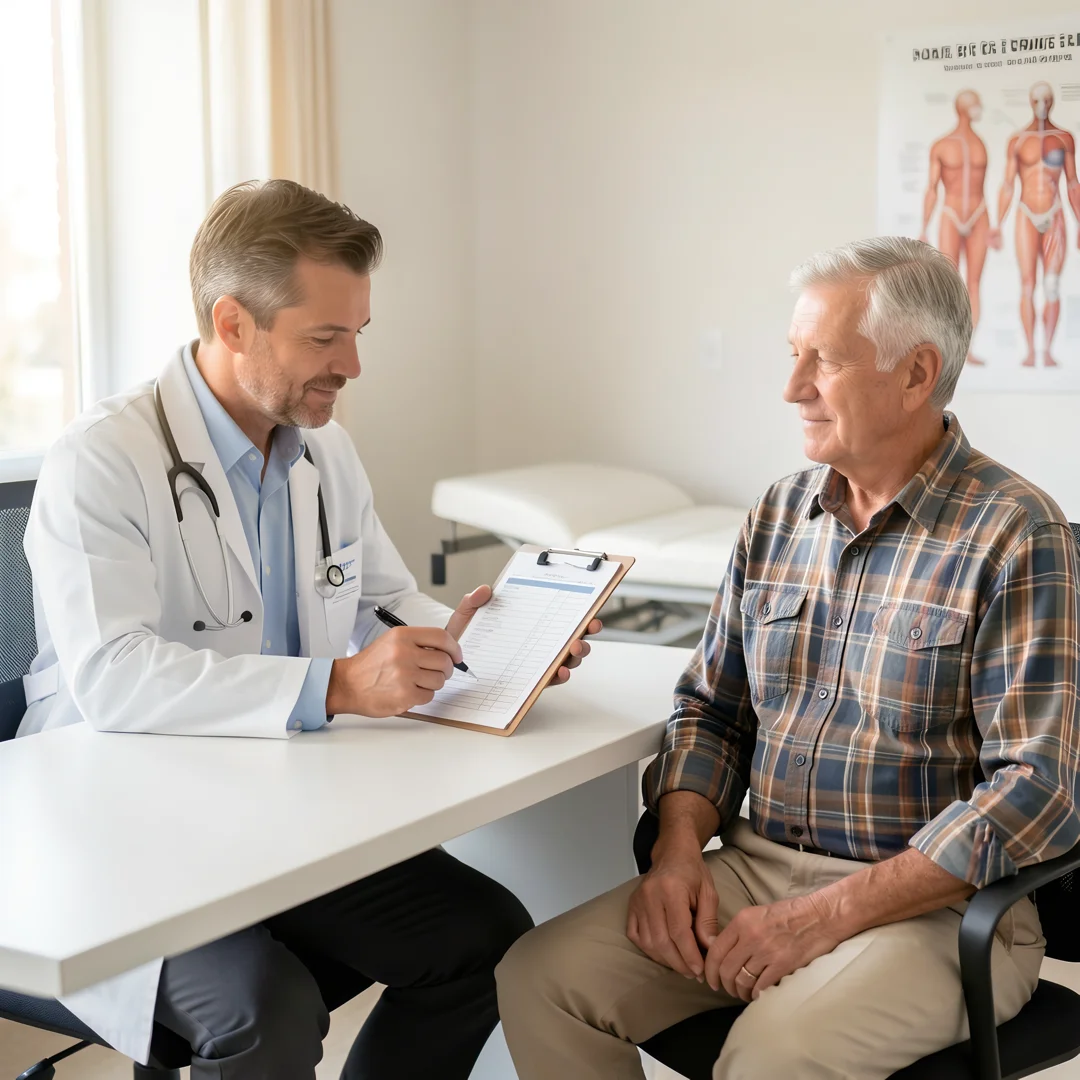 Step 6: Medical screening checklist being reviewed by doctor with men over 60 patient