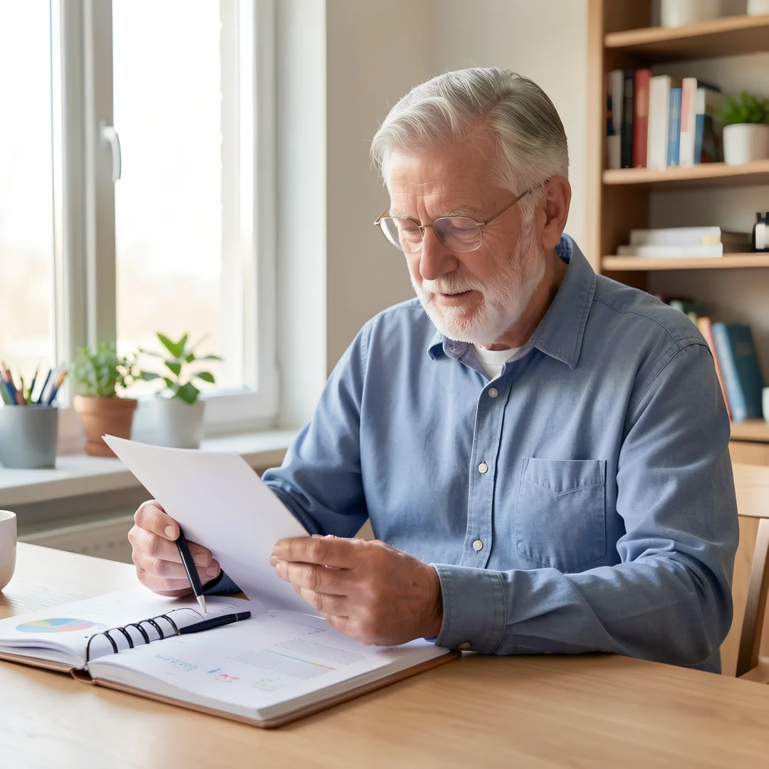 Step 8: Men over 60 man reviewing personal health goals and wellness planner long term